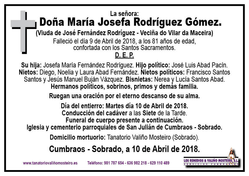 Esquela de María Josefa Rodríguez Gómez.